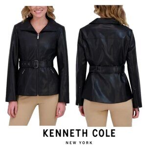 NWT Kenneth Cole Women's Belted Faux Leather Jacket, Black, Convertible Collar